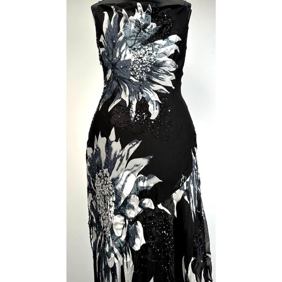 Cache Rare Vintage 90s Beaded Floral Print Silk Dress - Picture 5 of 11